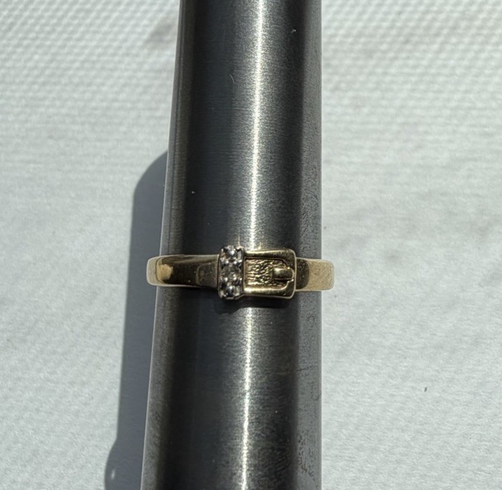 Vintage Estate 10K Gold Buckle Pinky Ring Open Back Tiny Diamond Accent