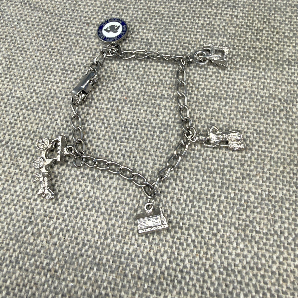 Vintage Charm Bracelet Silver Tone 5 Charms Log Cabin Horse Buggy Museum