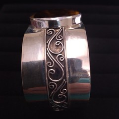 Sterling Indonesia 925 Bangle Wide Cuff with Round Faceted Tiger Eye Stone