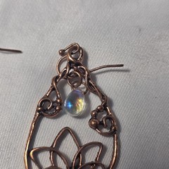 Copper Tone Lotus Teardrop Earrings Wire-Wrapped Designs Iridescent Crystal