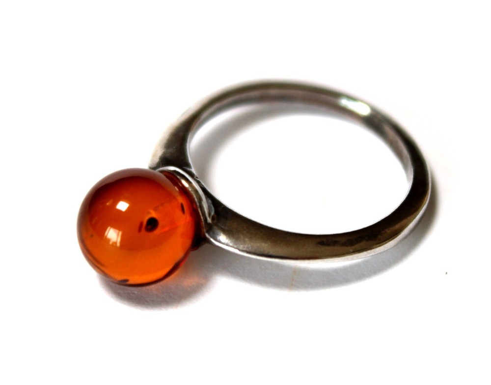 Baltic Vintage Genuine Cognac Color Amber Ring 925 Silver Made in Poland #101