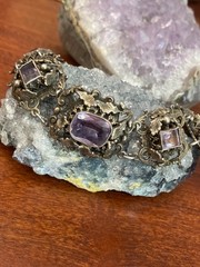 Antique Austro-Hungarian 800 Silver Filigree Amethyst Panel Bracelet – 38.56g 8”