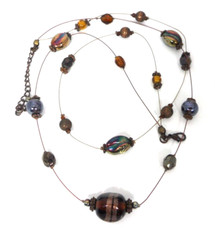 Vtg Art Glass Beaded Station Necklace Bohemian Murano Copper Iridescent 2 Strand