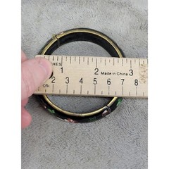 Vintage Cloisonne Enamel Floral Bangle Bracelet Black Gold Hinged Box Clasp 2.25