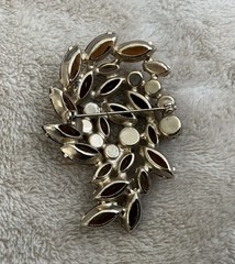 Vintage Brooch Amber Tones Navette AB Rhinestone Pin Layered Leaf Design 2.5 in.
