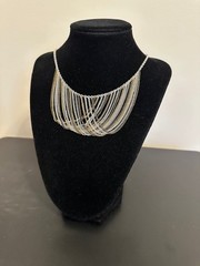 Vintage SAQ Signed Multi-Color Multi-Strand Fringe Bib Chain Necklace 17-20″.