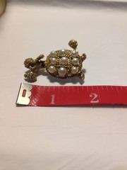 Vintage FRENCH POODLE Gold Tone Costume Jewelry PIN ~ Faux Pearls Red Stones