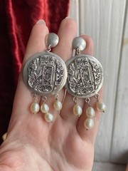 Vintage 800 Silver Mother of Pearl Ethnic Dangle Earrings Handmade 27.2g Gift