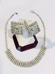 Vtg WEISS Sparkling Clear Rhinestones Square Shape Earrings & Necklace 15” Set