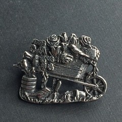 Birds & Blooms Brooch Pin Pewter Flower Wheelbarrow Granny Cottage Fairycore