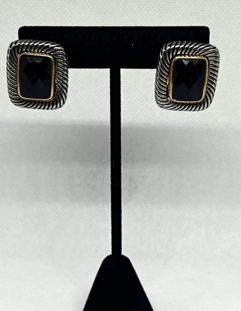 Vintage Cable Twist Two-Tone Black Onyx Faceted Glass Statement Pierced Earrings