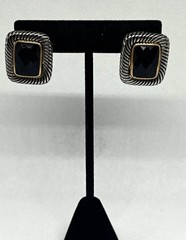 Vintage Cable Twist Two-Tone Black Onyx Faceted Glass Statement Pierced Earrings