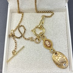 Vintage 12k Gold Filled Pocket Watch Chain FOB, Dog Clip, T-Bar, O-Ring, Cameo