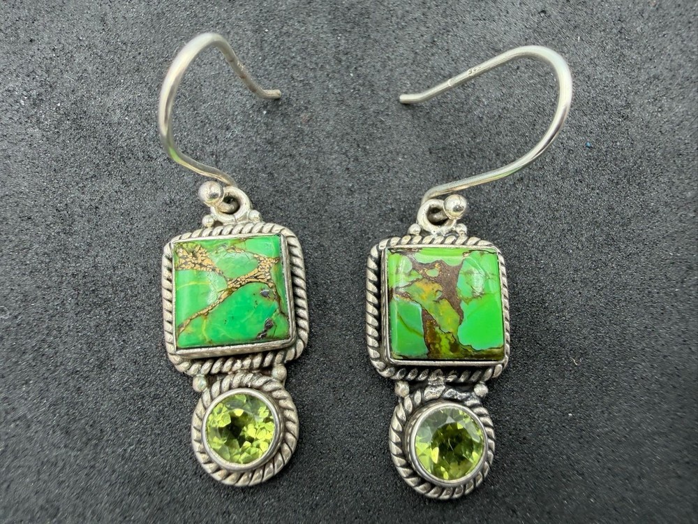 4.98g Vintage Sterling Silver 925 Green Inlay Drop Dangle Earrings Retro M