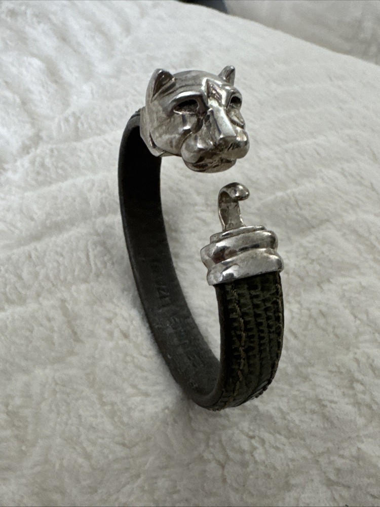 Vintage 925 Sterling Silver Panther Head Bracelet Crocodile Green Leather