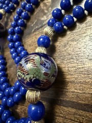 Beautiful Knotted Blue Glass and Gold Beads with Large Dragon/Phoenix Beads, 36”
