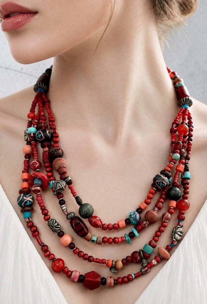 Late 1970s Vintage Boho Tribal Look Handmade Layered Multi Strand Bead Necklace