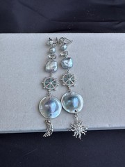 Extra Long Mabe Pearl Statement Earrings, Asymmetrical Sun Moon Dangle