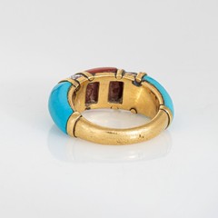 70s Vintage Turquoise Coral Diamond Band Sz 5 Ring 18k Yellow Gold Fine Jewelry