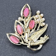 Vintage Pink Rhinestone Flower Brooch Pin J29B