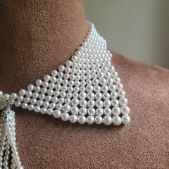 Vintage Japan Faux Pearl Collar Tassel Necklace Rhinestone Clasp 13″ Coquette