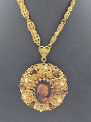 West Germany Rootbeer Cameo Set Filigree Faux Pearl Rhinestone Necklace
