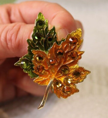 Maple Leaf dual purpose brooch pendant orange green with rhinestones 2011 FL
