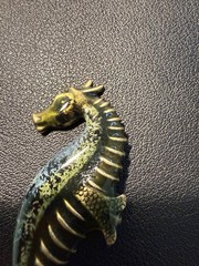 Vintage 1970s Seahorse Brooch Pin Gold Tone Verdigris Finish, 1×2.5”