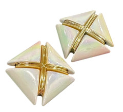 Vtg 1980s 1990s Chunky X Design White Gold Iridescent Statement Clip On Earrings