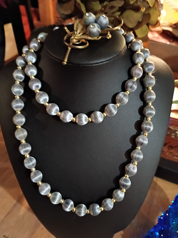 Mid-Century 2-Piece Set Grey Silk Wrapped Bead Necklace & Filigree Berry Brooch