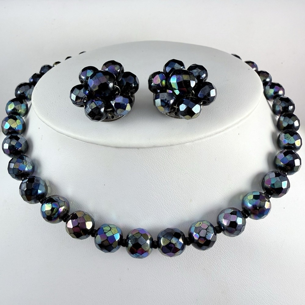 VTG West Germany Peacock Aurora Borealis Crystal Beaded Necklace & Clip Earrings