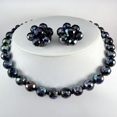 VTG West Germany Peacock Aurora Borealis Crystal Beaded Necklace & Clip Earrings