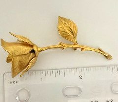 Vintage Gold Tone Long Stem Rose Brooch 3D Brushed Metal Flower Pin 1970s