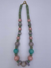 Vintage 1980s 1990s Pastel Chunky Wooden Beads Necklace 24″ Blue Pink Purple