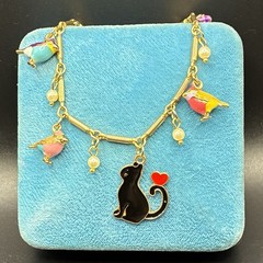 Poor Kitty Cat: Surrounded by Bird Charms On Vintage Chain Bracelet OOAK