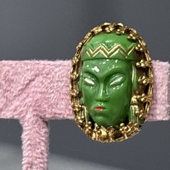 Vintage Green Princess Clip On Earrings Face Mask Gold Tone Germany READ