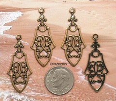 #0154 ANTIQUED GOLD OPEN FILIGREE PENDANT/EARRING W/TOP HANG RING – 6 Pc Lot