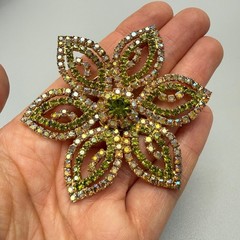 Large Vintage AB Rhinestone Flower Brooch Earrings Set 3″ Pink Green MCM Chic