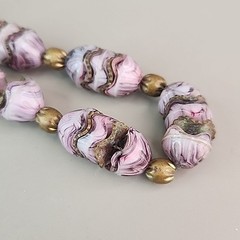 Vintage Art Deco Slag Glass Beaded Necklace Czech Purple Pinched Gold Tone 18″