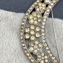 Vintage Rhinestone Brooch Silver Tone Crescent Moon