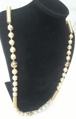 Vintage White Bead Gold Tone Bar Link Long Vintage Necklace 36 in Long