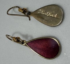 Laurel Burch Burgundy Enamel Teardrop Dangle Pierced Gold Tone Earrings Vintage