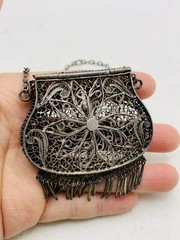 Antique Silver Tone Intricate Filigree Swirl Flower Coin Perfume Purse Pendant