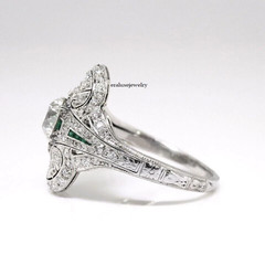 Art Deco Round Lab Created Diamond & Emerald Wedding 14K White Gold Plated Ring