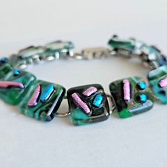 Handcrafted Dichroic Fused Glass Bracelet | Square Links | Blue-Green