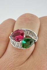 Antique Platinum Hot Pink & Green Tourmaline & Baguette Diamond Moi et Toi Ring