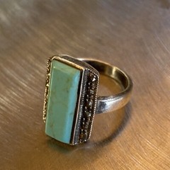 Vintage Sterling Silver Rectangle Marcasite Frame Turquoise Ring Size 7