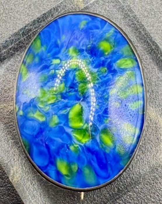 Vintage Sterling Silver Blue Green Marbled Art Glass Brooch Pendant 9.3g