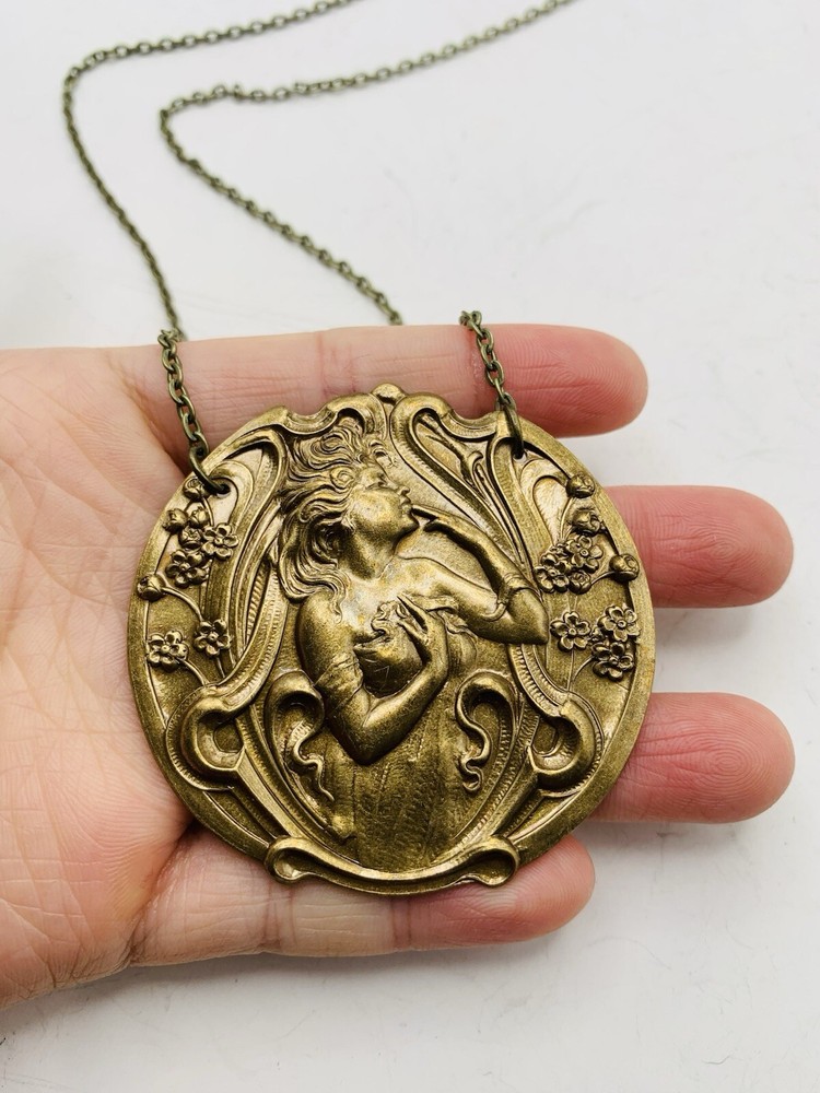 Vintage Style Art Nouveau Fairy Goddess Enchanted Forest Medallion Necklace 18in