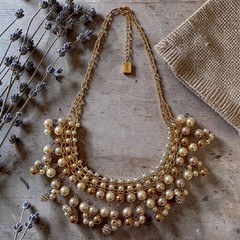 Y2K Bib Fringe Necklace Egyptian Revival Faux Pearl Gold Tone Victorian Vintage